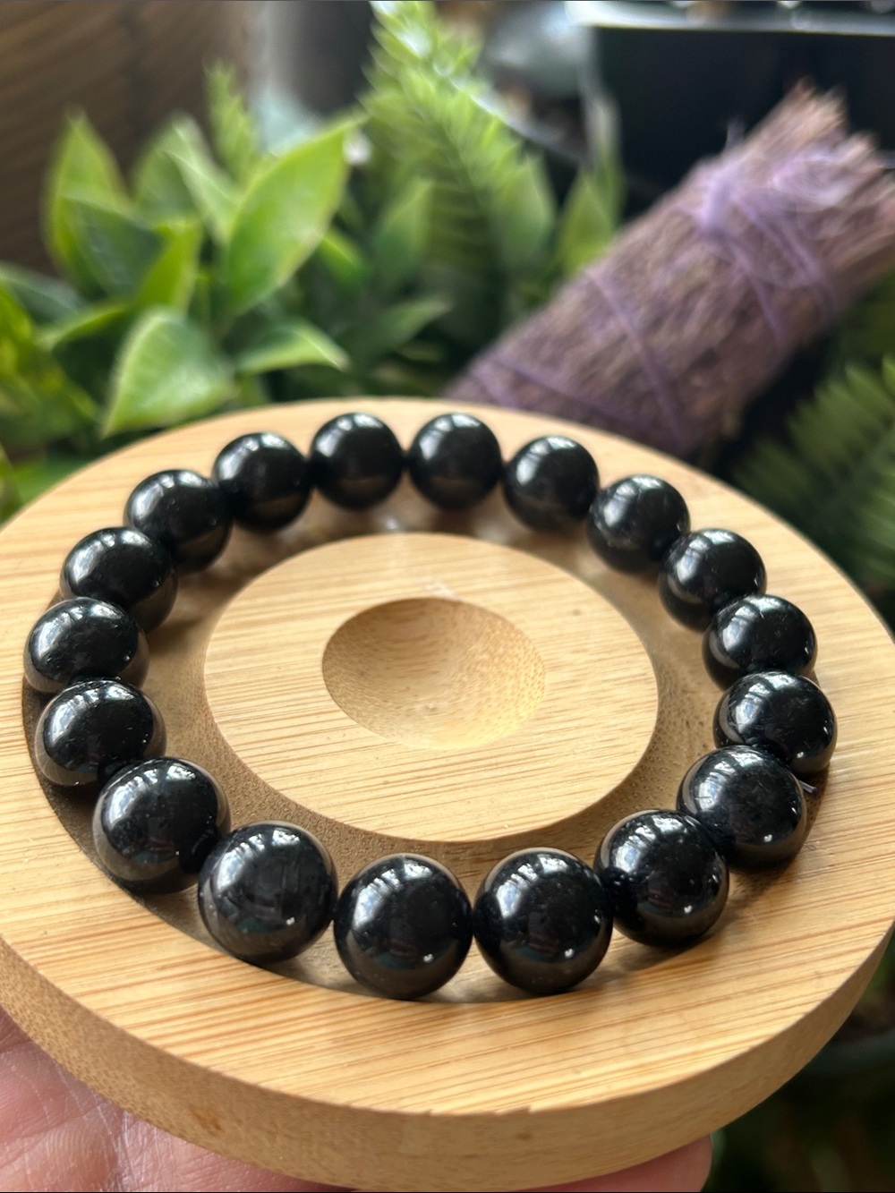 Black Tourmaline Beaded Stretch Bracelet 12mm - Women Jewelry